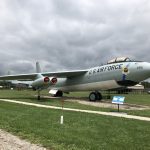 Three quarters view of the B-47 on a cloudy day.