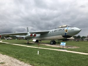 Three quarters view of the B-47 on a cloudy day.