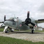 Three quarters view of the C-1A Trader transport plane.