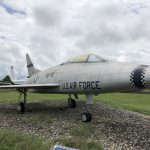 Three quarters view of the F-100C Super saber plane.