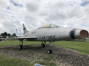 Three quarters view of the F-100C Super saber plane.