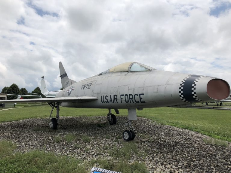 Three quarters view of the F-100C Super saber plane.