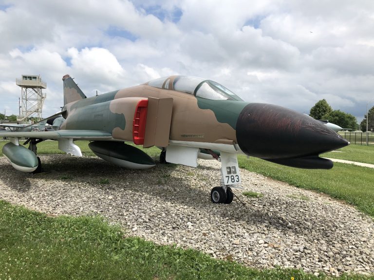 Three quarters view of the F-4 Phantom in its camo pattern.