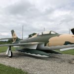 Side view of the F-84 Thunderstreak in its camo pattern.