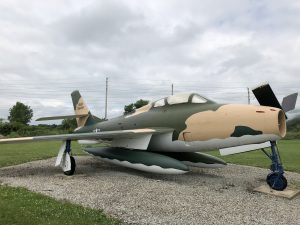 Side view of the F-84 Thunderstreak in its camo pattern.