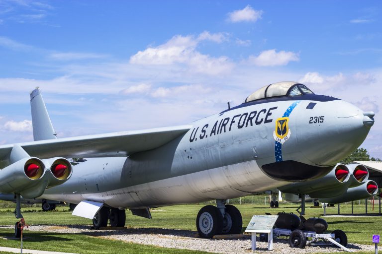 Side view of the B-47 bomber with the milky way SAC logo in full view and US Air Force on the side.