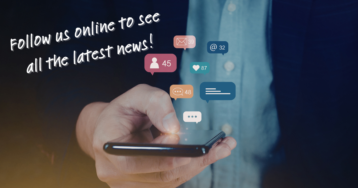 A cropped image of a man holding a phone with social media like icons surround it and overlayed with "Follow us online to see all the latest news."