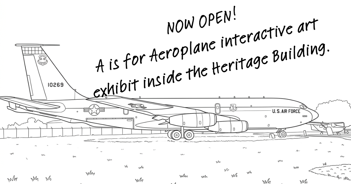 line drawing of the EC-135 with information about the A is for Aeroplane exhibit being open overlaid.