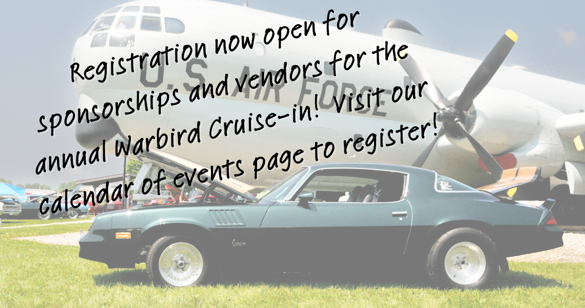 A black corvette parked in front of the C-47 with information about the Warbird Cruise-in overlaid.