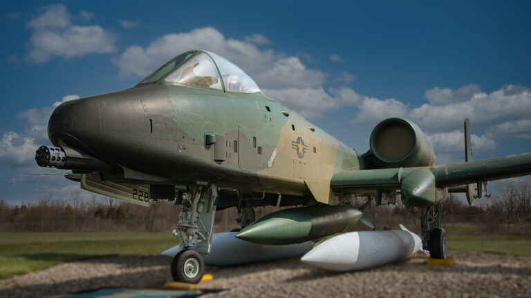 Three quarters view of the A-10 Warthog inside the Air Park.