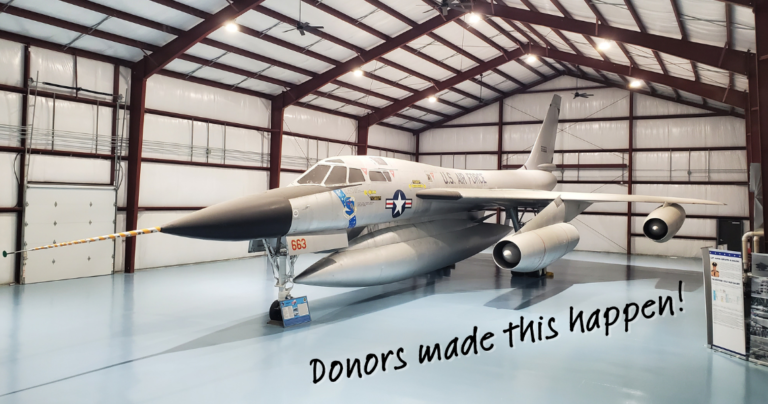 Picture of the B-58 inside the Cervantes Building with the words "Donors make this happen" overlaid