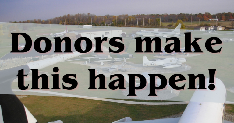 Panoramic image of the air park and museum with the words "Donors make this happen" overlaid