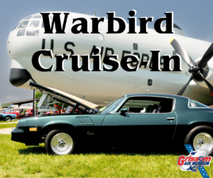 Black corvette parked next to the KC-97 with Warbird Cruise-in overlaid.